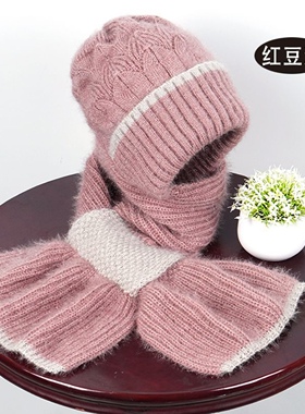 秋冬新款加绒风雪帽时尚百搭保暖加厚帽护耳围巾一体帽显脸小女