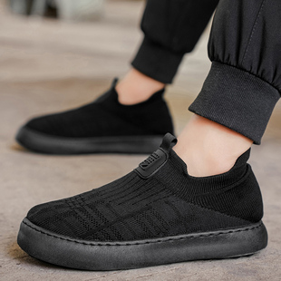 夏天款男土黑底运动板鞋工地干活上班工作穿全黑纯黑色网布鞋便宜