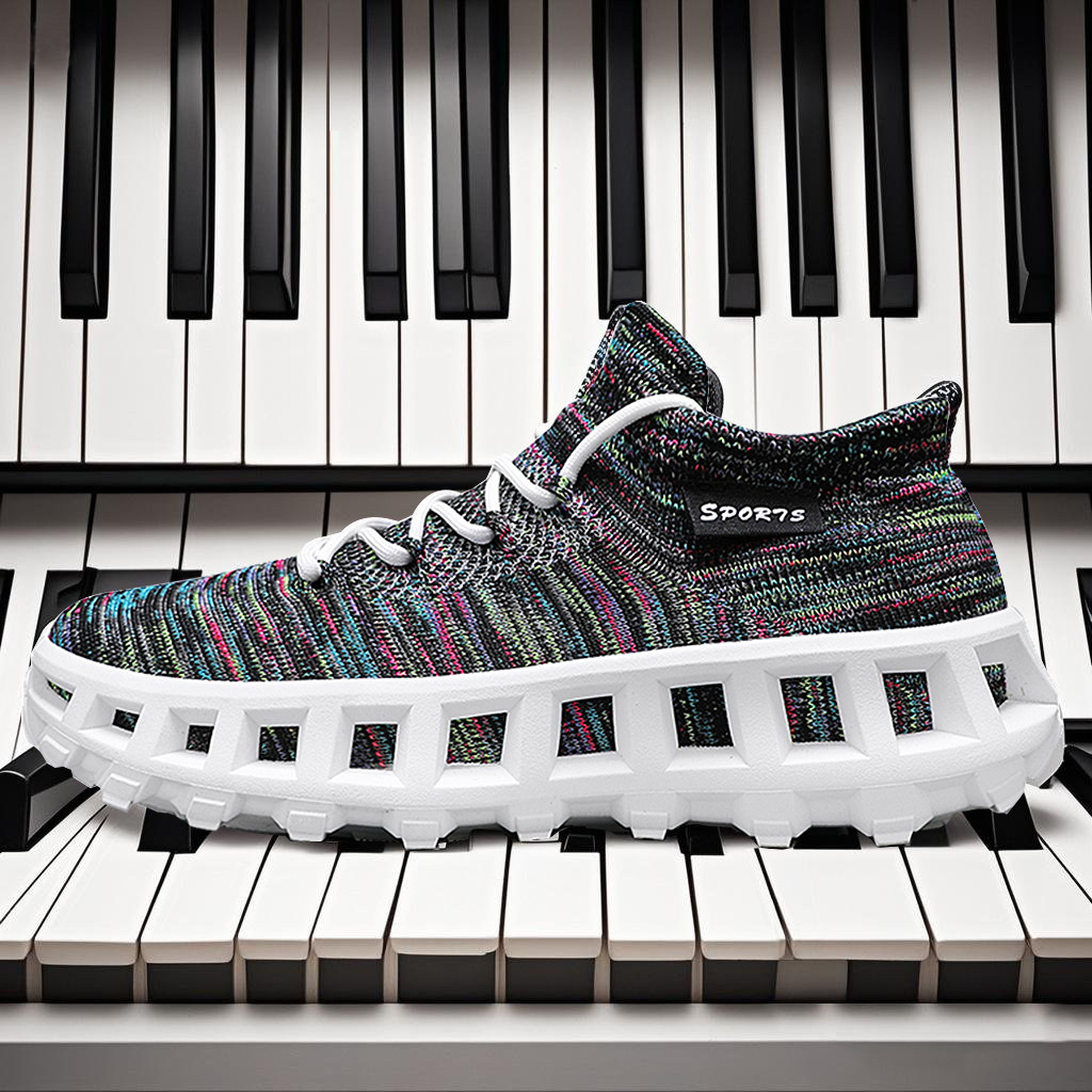 夏季网面透气迷彩男鞋飞线针织运动休闲袜子鞋时尚潮流钢琴键盘鞋