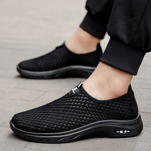 夏天单网面运动鞋休闲透气网布鞋男土没鞋带全黑底大网眼洞洞凉鞋
