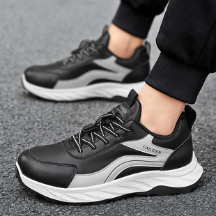 春季黑色皮面防水运动休闲波鞋一脚蹬免系鞋带跑步鞋厚底增高男鞋