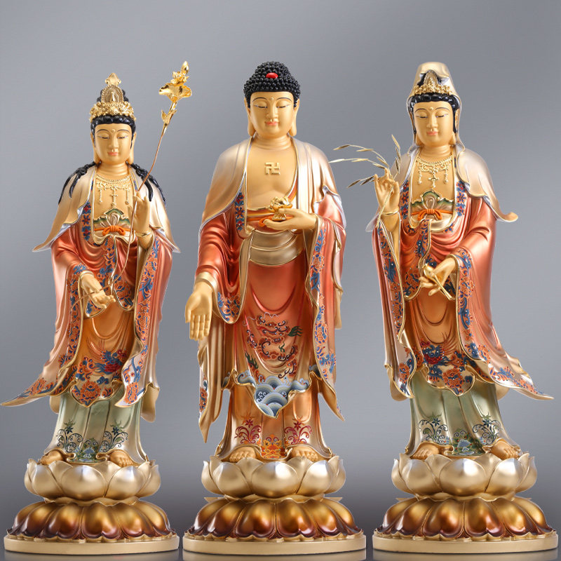 圆通佛具西方三圣摆件纯铜贴金彩绘观音佛像阿弥陀佛大势至菩萨站