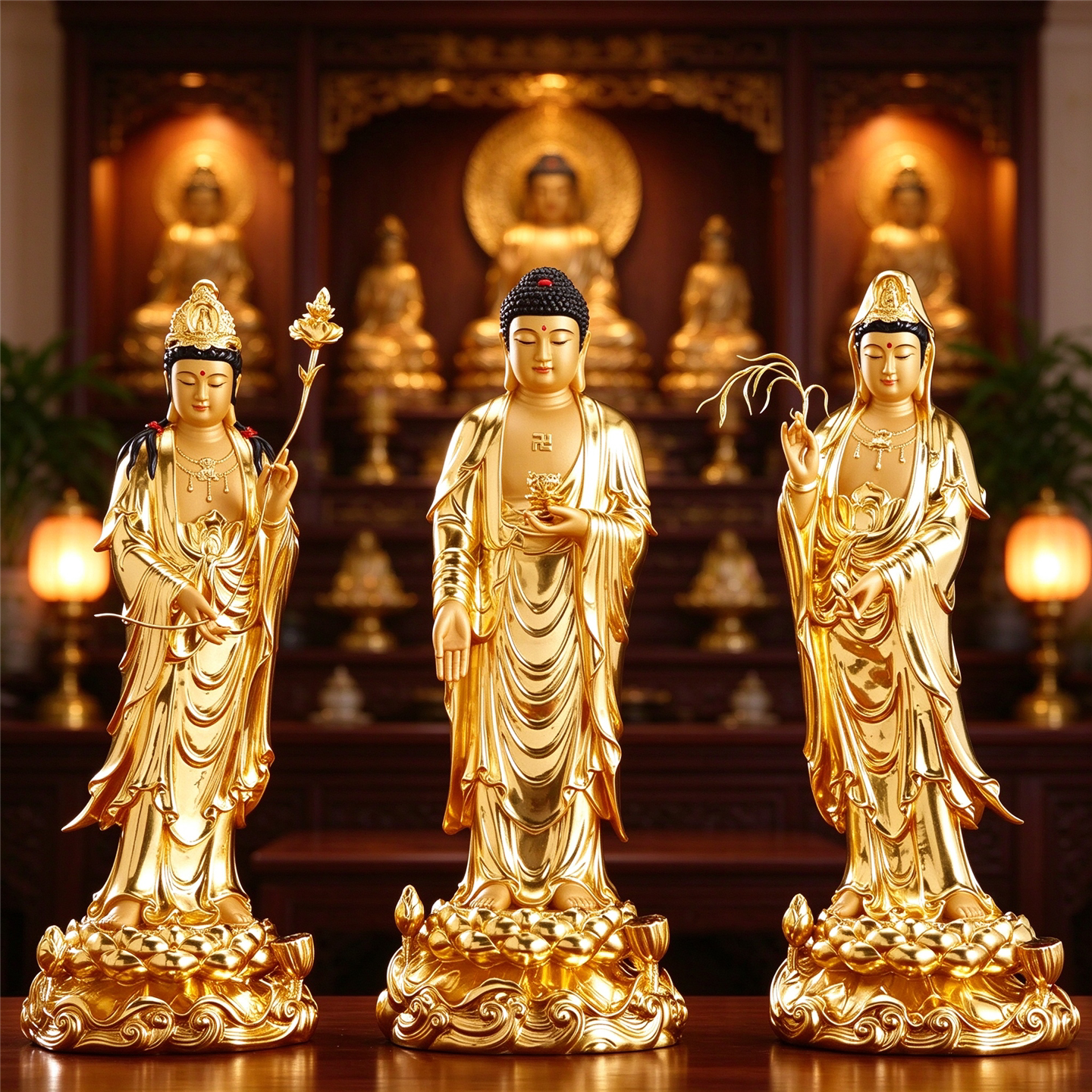 西方三圣佛像铜像台湾纯铜贴金阿弥陀佛站观音菩萨大势至佛像摆件