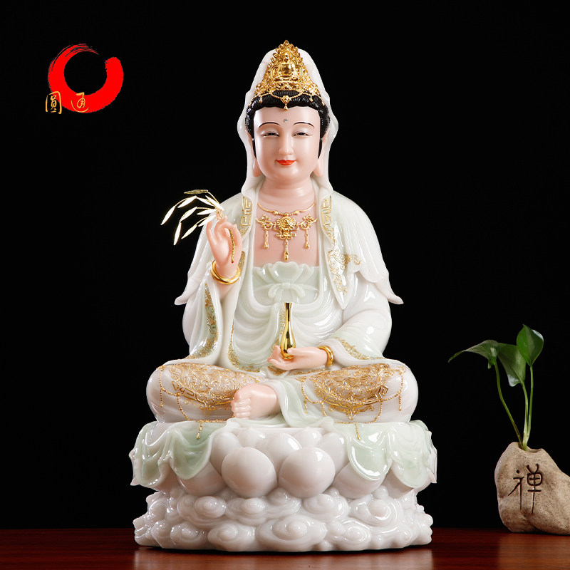 圆通佛具观音菩萨佛像家用客厅供奉汉白玉观世音摆件笑眼娑婆三圣