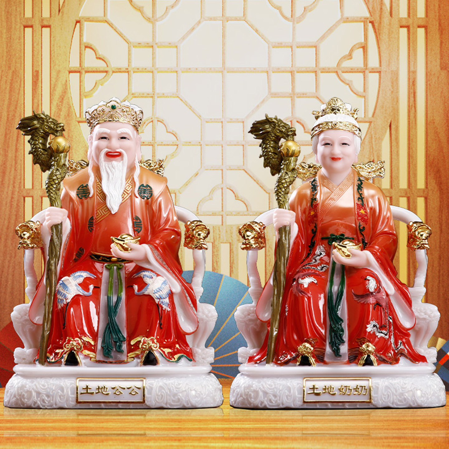 土地公像家用供奉土地公婆神像一对汉白玉彩绘地主爷福德正神摆件