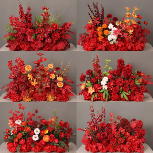 婚庆地排花红色花排 中式婚礼堂背景装饰仿真花T台路引花成品花艺