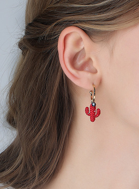 925银红色仙人掌别针耳环2025新款潮时尚网红耳饰女