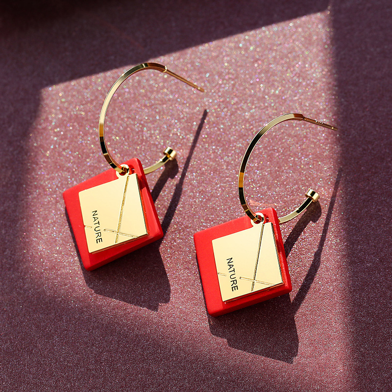 925银红色喜庆菱形耳环2025新款潮过年气质网红年味耳饰日韩饰品