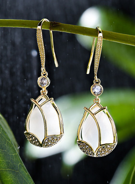 925银郁金香耳环女简约气质ins冷淡风气质设计猫眼石耳饰潮