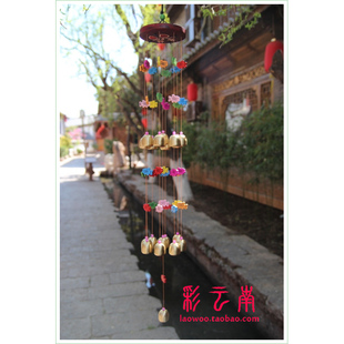 丽江古城 纳西风铃 木质五彩小鱼 纯铜铃铛 木雕东巴文  创意饰品