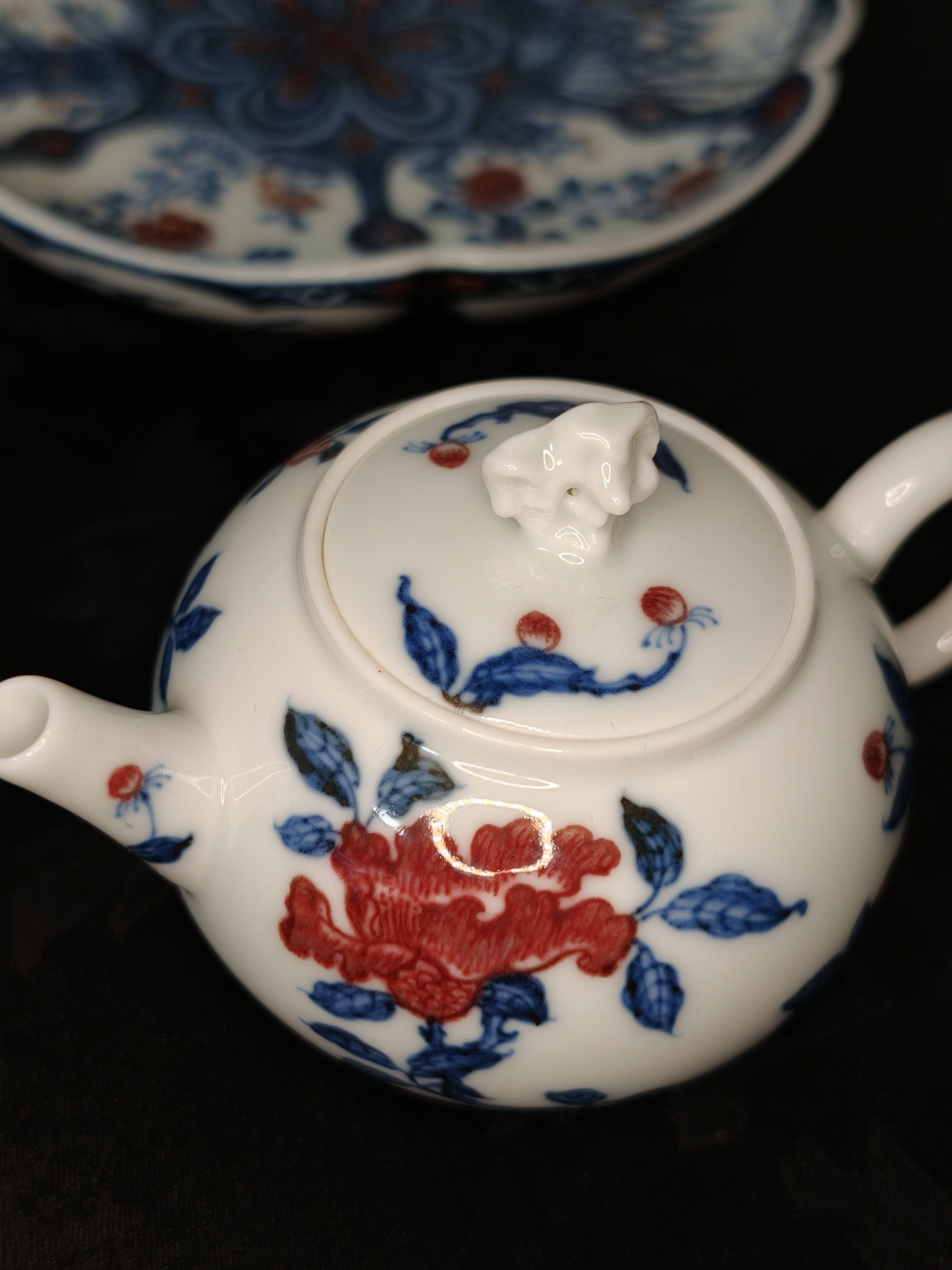 勤义堂青花釉里红山茶花小壶100cc容量超好看送礼手工手绘喝茶用