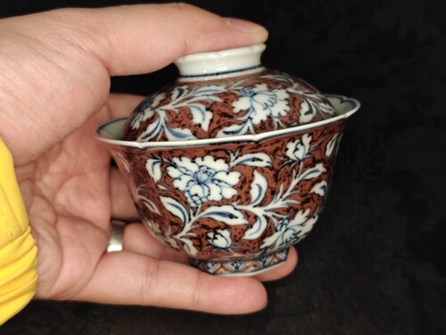 正萌堂青花釉里红繁花似锦山茶花小盖碗110cc热门款手工