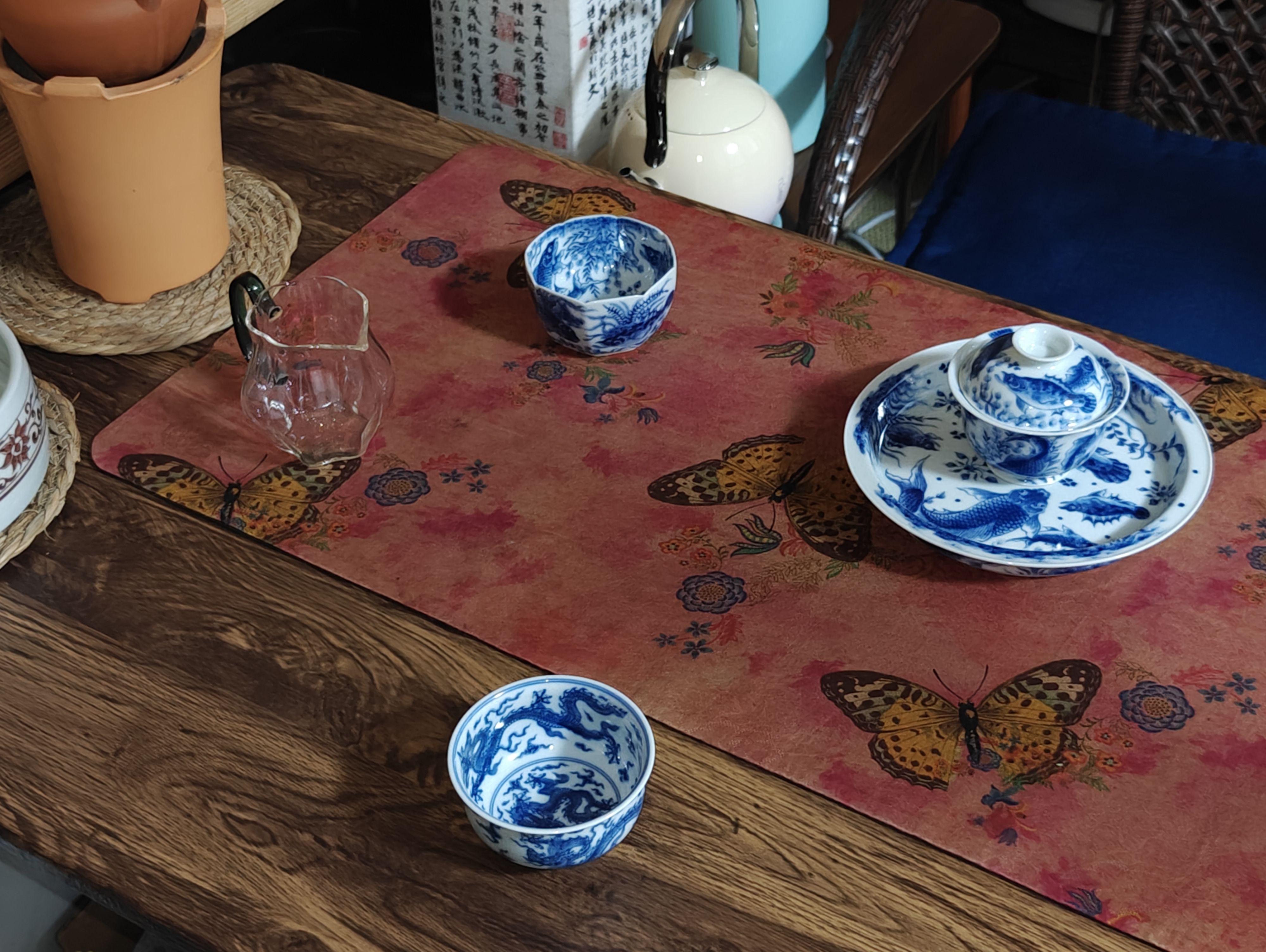 望月怀古青花鱼藻纹鱼戏莲套组送礼瓷器主人杯岩茶盖碗