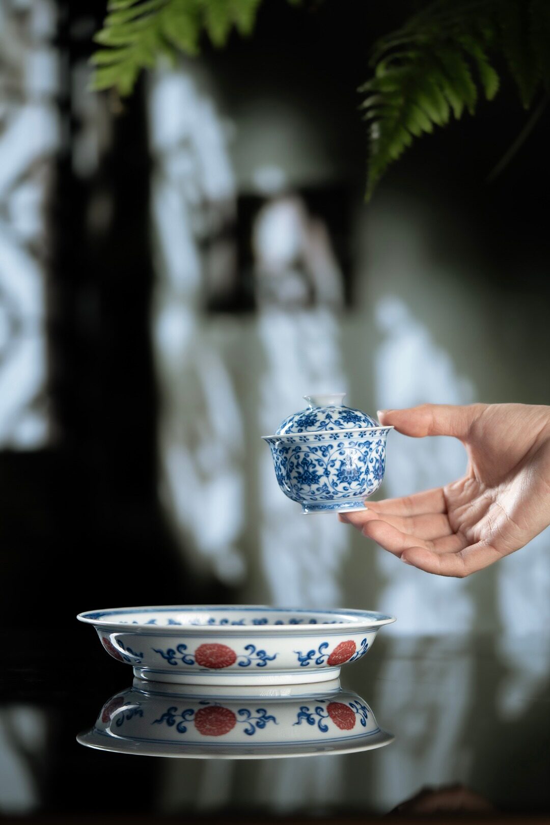 望月怀古青花缠枝莲迷你元宝盖碗青花瓷泡茶一人饮