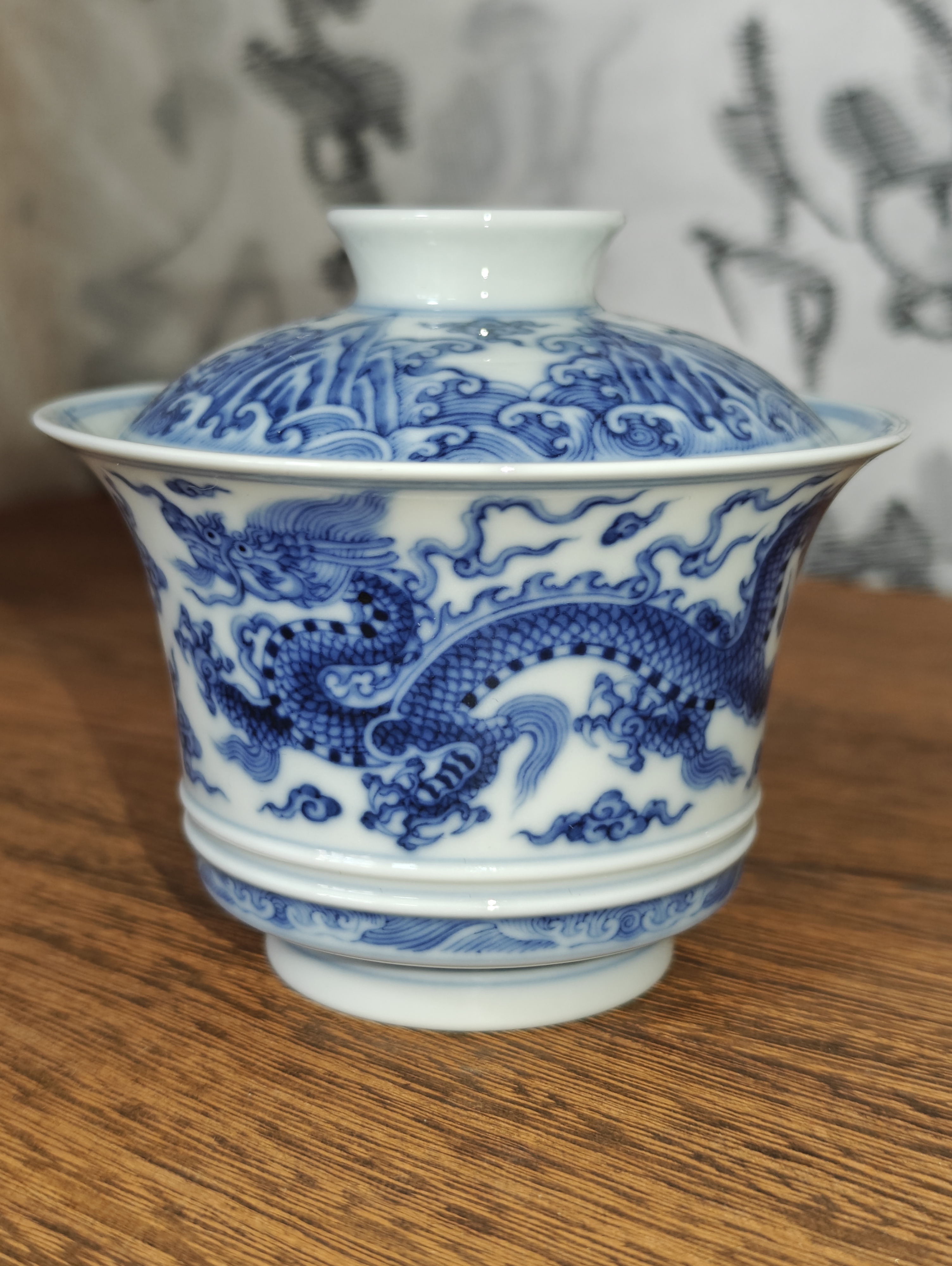 望月怀古双龙马蹄盖碗景德镇手工手绘精品盖碗发色特好青花瓷