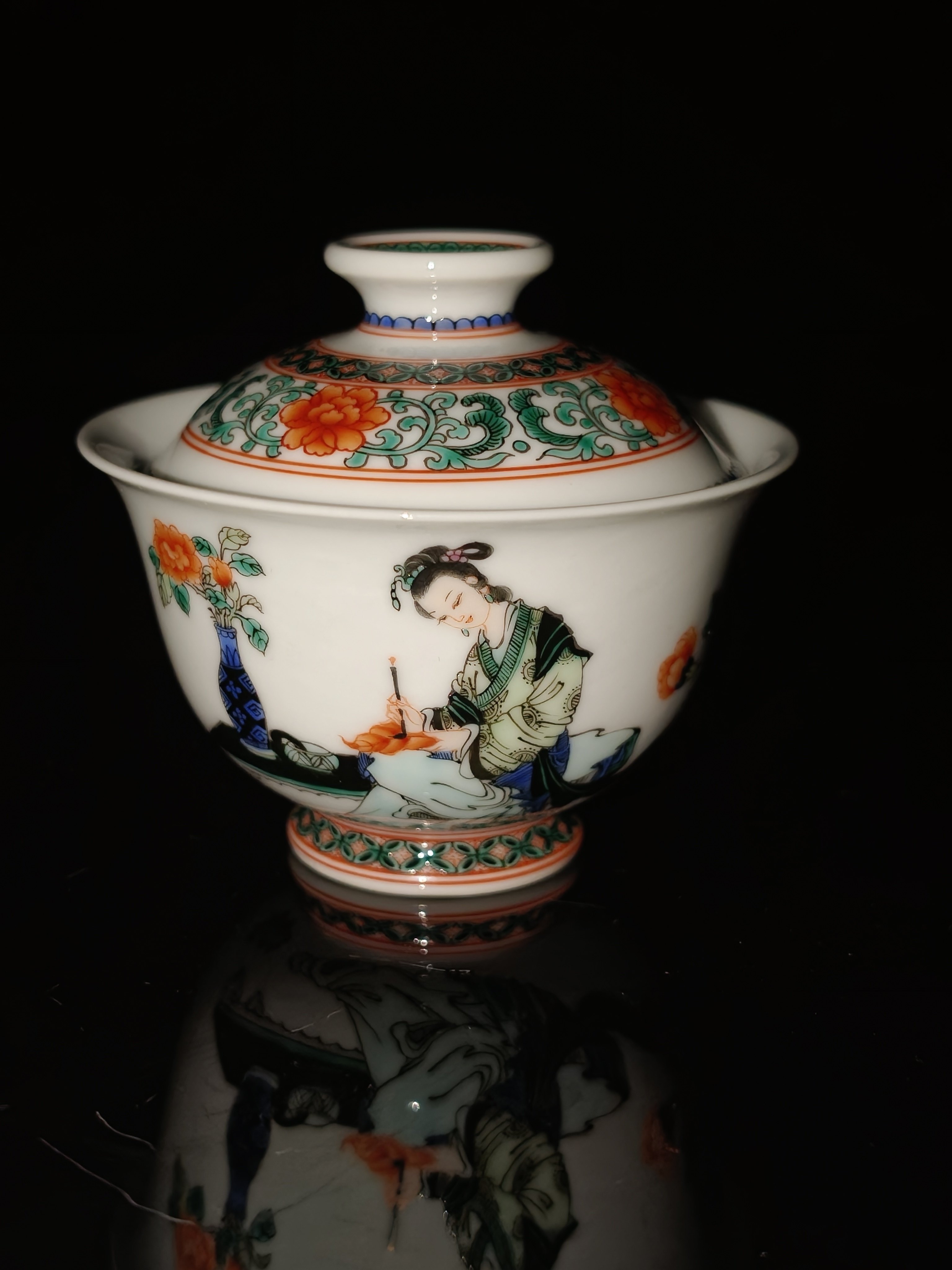 古阅和风红叶提诗盖碗泡茶器古彩工艺纯手工手绘茶具出差用