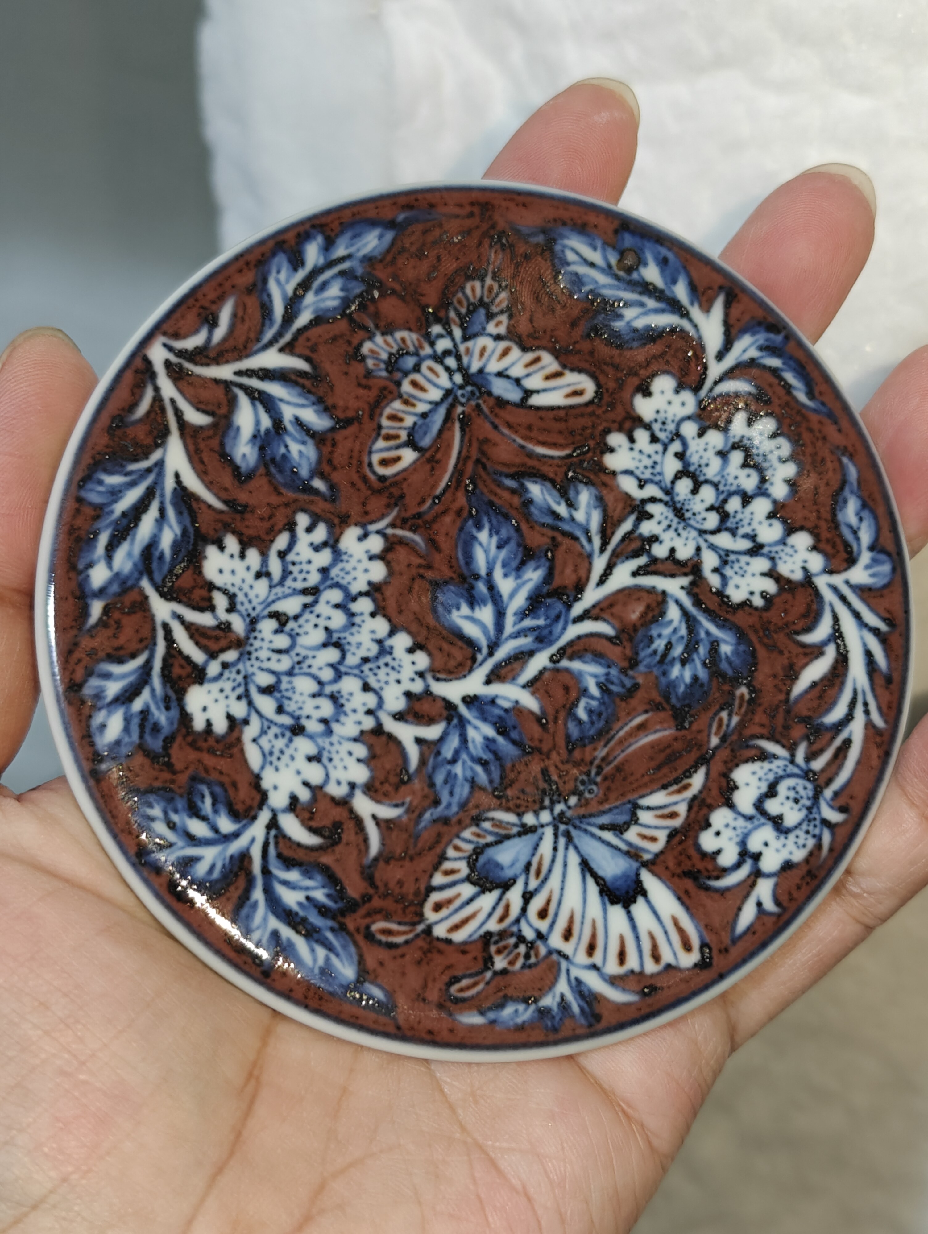 正萌堂青花釉里红蝶恋花盖置杯托手工手绘