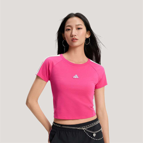 adidas阿迪达斯女子上衣三条纹短款修身运动休闲短袖T恤KS0278