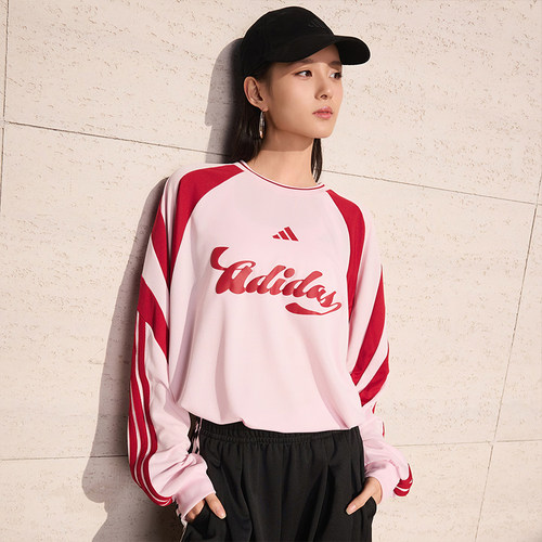 优购adidas阿迪达斯女子上衣足球风运动休闲宽松长袖T恤JY7640