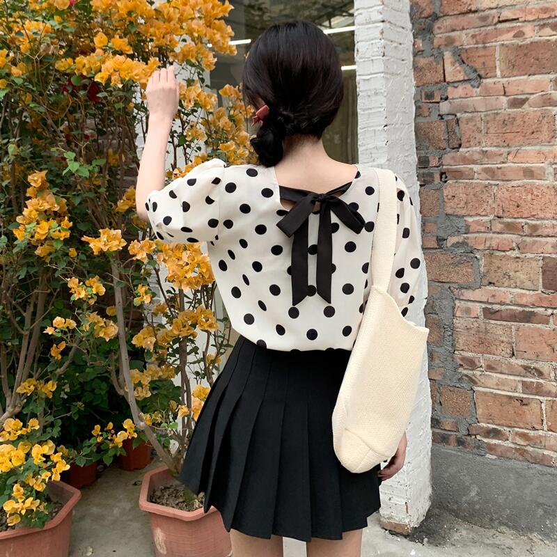 Real price back tie dot bubble sleeve western style round neck top