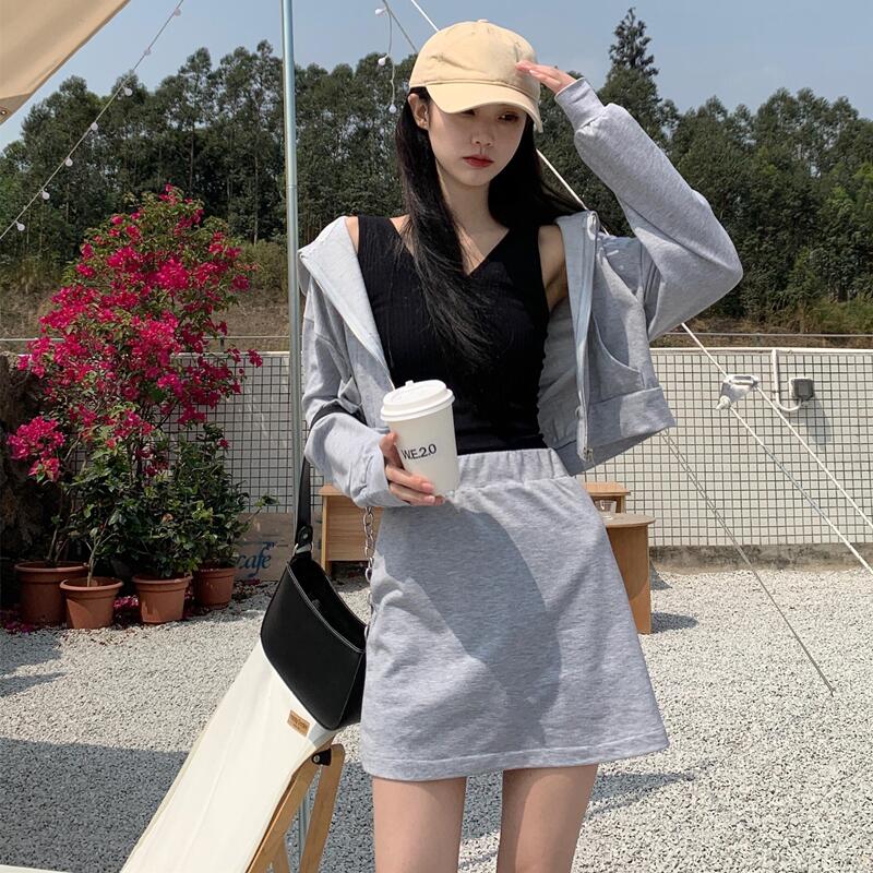 Real shot real price hooded short grey sweater suit casual skirt two piece suit