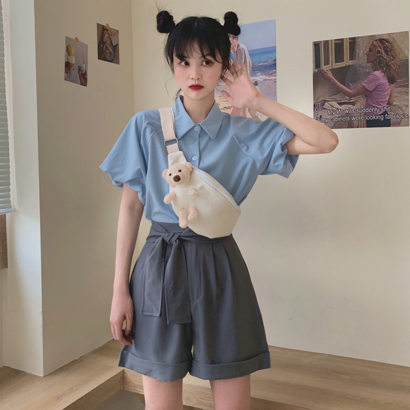 Real price, versatile bubble sleeve shirt + two piece design wide leg shorts