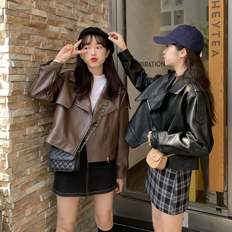 Real shot real price loose Korean leather jacket short motorcycle Pu coat