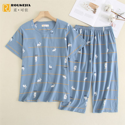 柔可佳夏季新款睡衣女纯棉卡通可爱休闲短袖长裤女全棉家居服套装