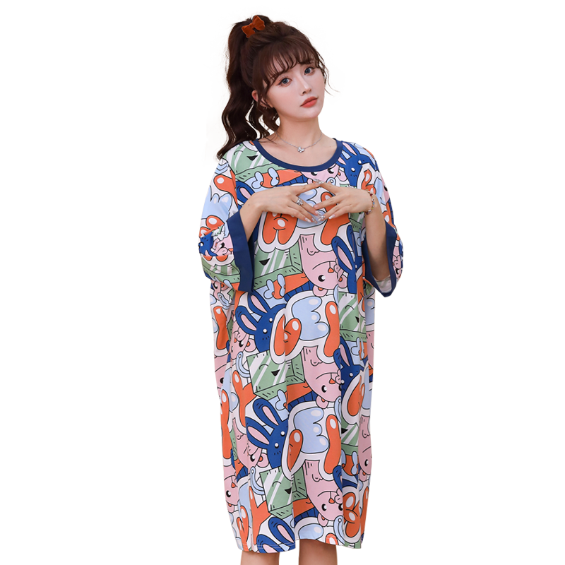 柔可佳夏季新款女士睡裙春夏七分袖卡通均码宽松圆领休闲连体长裙
