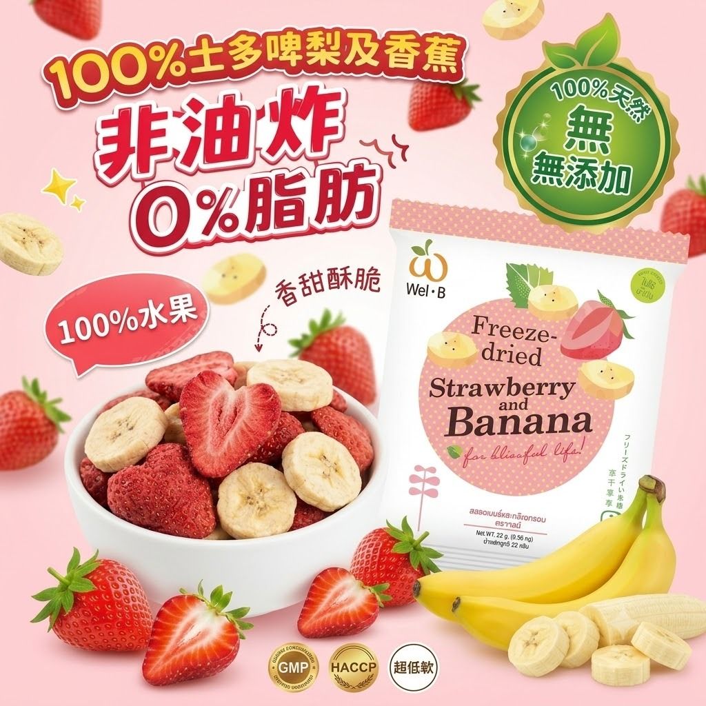 WEL-B婴幼儿无糖100%天然草莓干香蕉水果脆片水果干22g非油炸健康