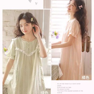 女款睡衣裙子纯棉纱布短袖睡裙夏季家居裙初中生高中学生青年女孩