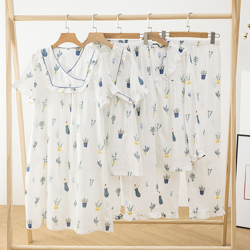 女款夏季薄睡衣纯棉纱布短袖睡裙长裤家居服半袖套装室内长袖居家