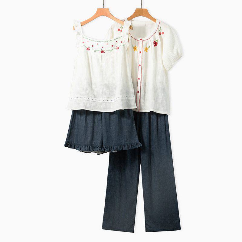 女款短袖长裤家居服宽带吊带背心短裤睡衣夏季纯棉纱布薄款套装