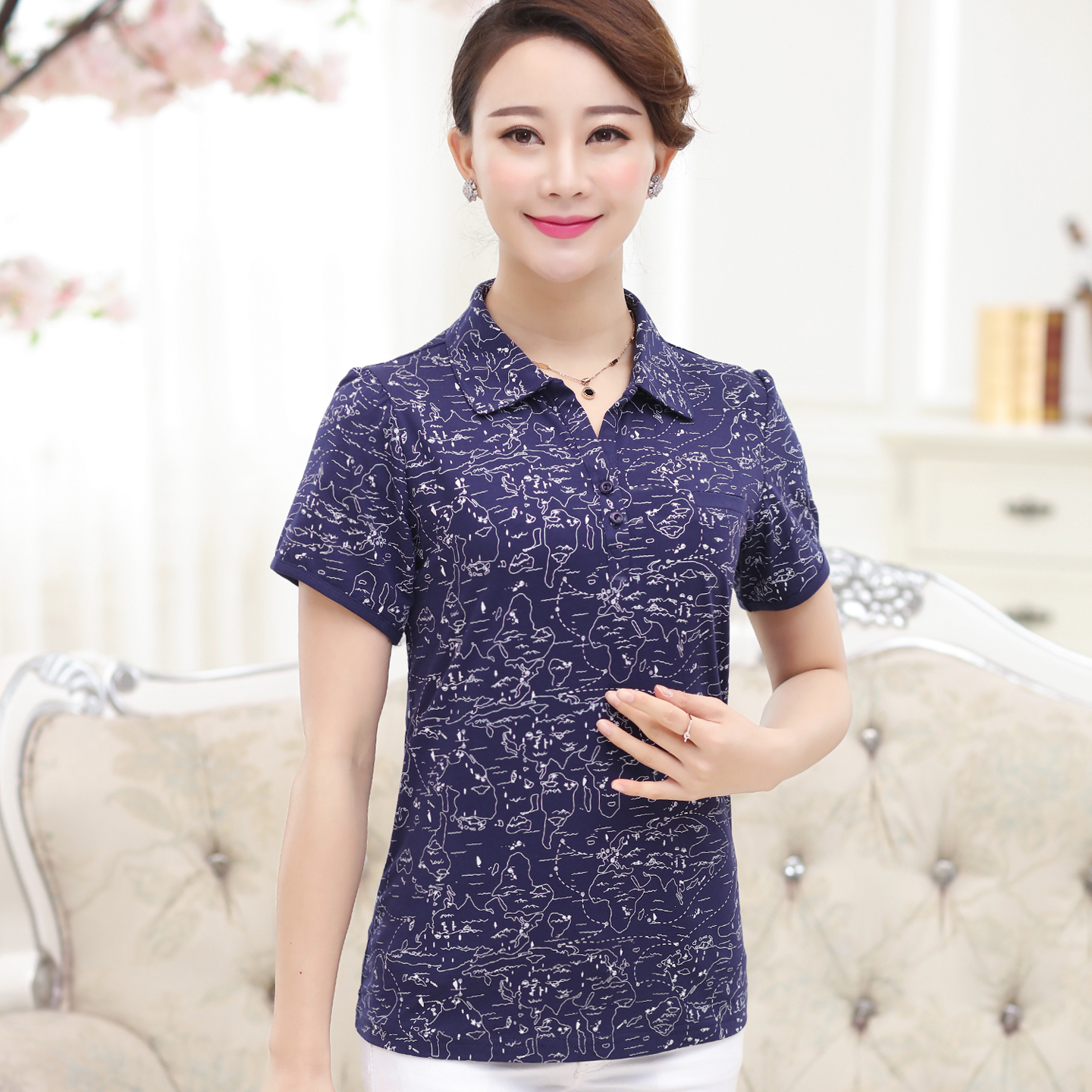 中老年人女士夏装短袖全棉T恤翻领妈妈装显瘦休闲POLO衫大码上衣