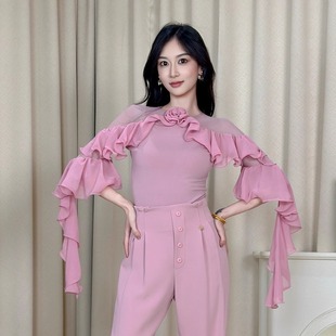 丹珍25年秋季 国标女士摩登舞上衣跳舞荷叶飘纱舞蹈练功服M914 新款