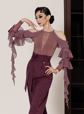 25年秋冬新款交谊舞双人舞国标女摩登舞上衣跳舞飘纱练功服W71