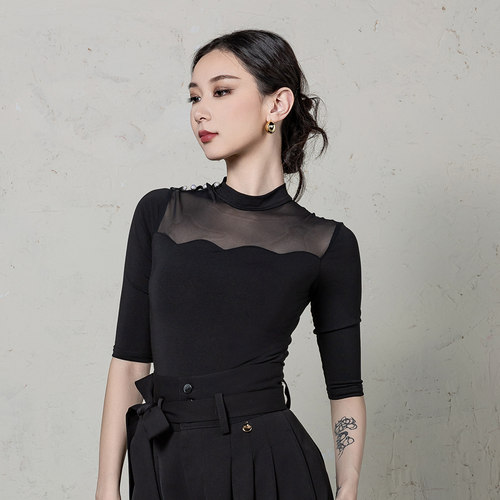 丹珍摩登舞服新款女交谊舞衣吉特巴波浪珍珠舞蹈练功服上衣M01