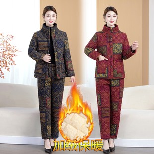 加绒加厚棉服外套 家居服妈妈冬装 休闲保暖花棉袄两件套装 棉衣棉裤