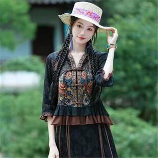 原创复古民族风盘扣流苏重工刺绣上衣 衬衫 中老年女装 妈妈春秋新款