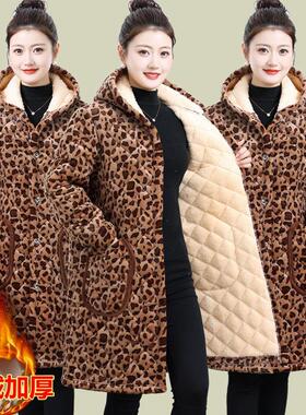 妈妈装女装加厚加绒夹棉豹纹保暖棉袄罩衣女外套中长款金丝绒棉服