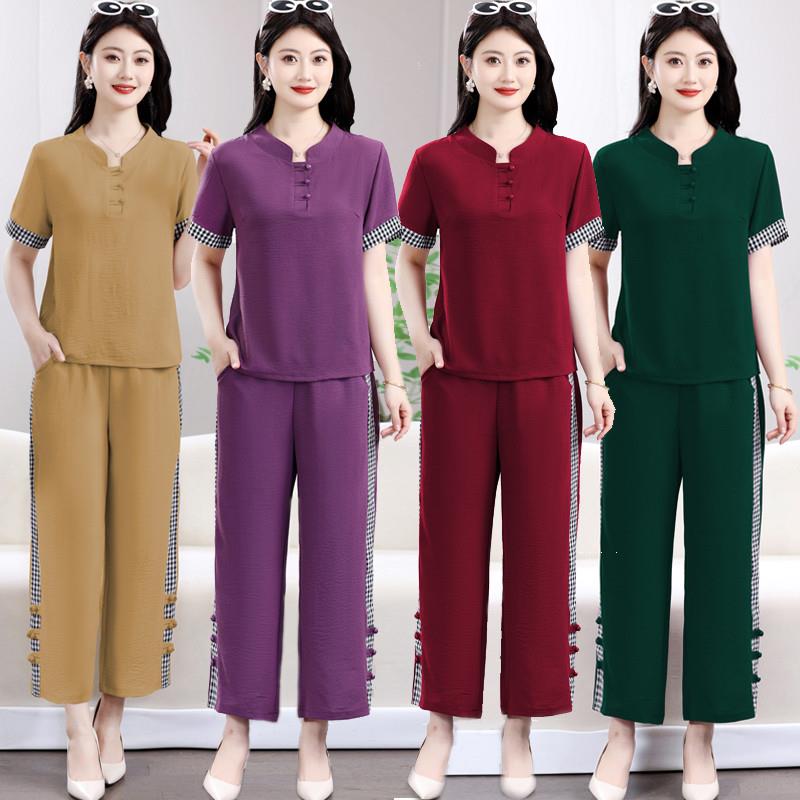 复古女T恤奶奶婆婆两件套夏季薄款短袖中年妈妈纯色冰丝亚麻套装