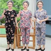 大码 中老年宽松老年人弹力短袖 奶奶夏季 两件套套装 短袖 恤冰丝套装
