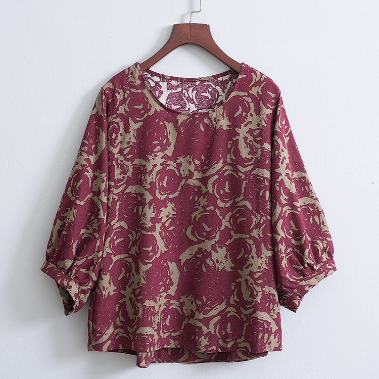 夏季2025新款棉麻上衣宽松大码文艺复古印花七分袖圆领T恤打底女