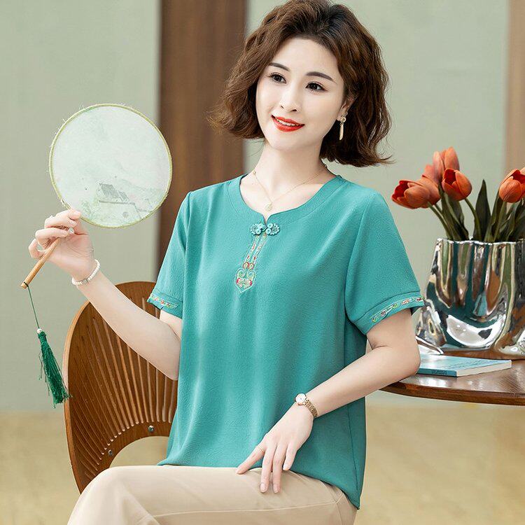 洋气短袖T恤妈妈夏装宽松大码半袖上衣2024新款时尚50中老年女装