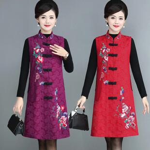 立领高档夹中长款秋季民族马风马甲中老年妈妈绣花外套唐装女背心