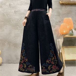 休闲裤 2026春秋新款 复古民族风刺绣绣花棉麻宽松亚麻棉提花阔腿裤