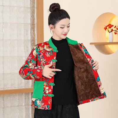 妈妈新款东北大花布棉袄加绒保暖立领盘扣棉衣外套民族风中式棉服