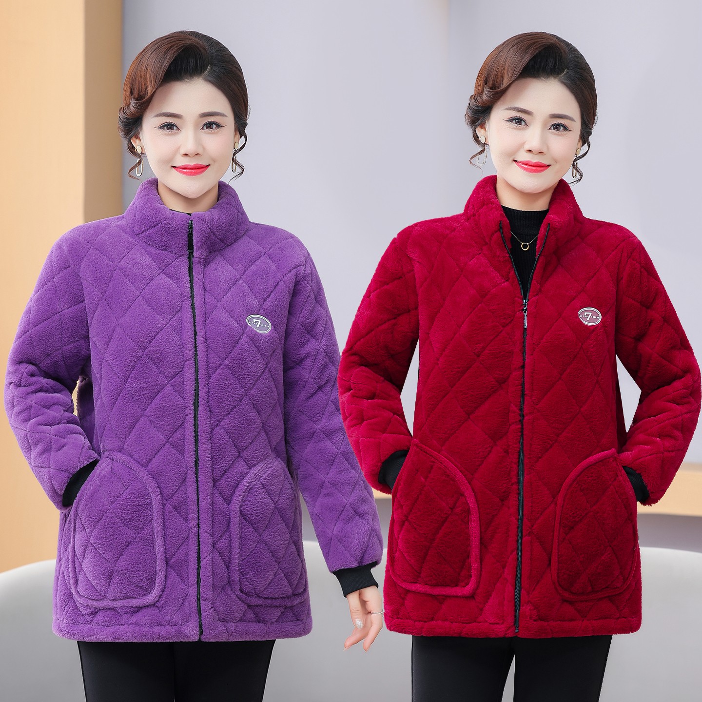 立领休闲宽松罩衣家居服妈妈装保暖外套女中老年女装加绒加厚棉衣