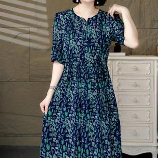 时尚百搭新款简约休闲短袖薄款裙子夏款减龄遮肉小绿花连衣裙女