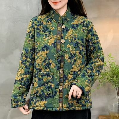 中式新款复古盘扣加绒加厚棉衣外套女士民族风短款花色保暖小棉袄